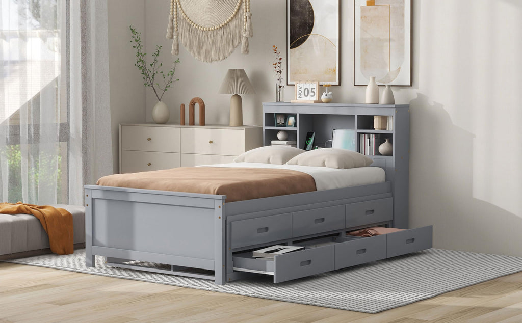 Twin Size Platform Bed with Storage Headboard, Trundle and 3 Drawers, Gray R319
