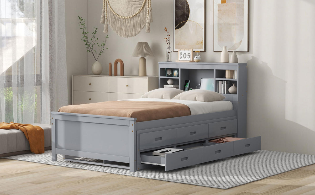 Twin Size Platform Bed with Storage Headboard, Trundle and 3 Drawers, Gray R319