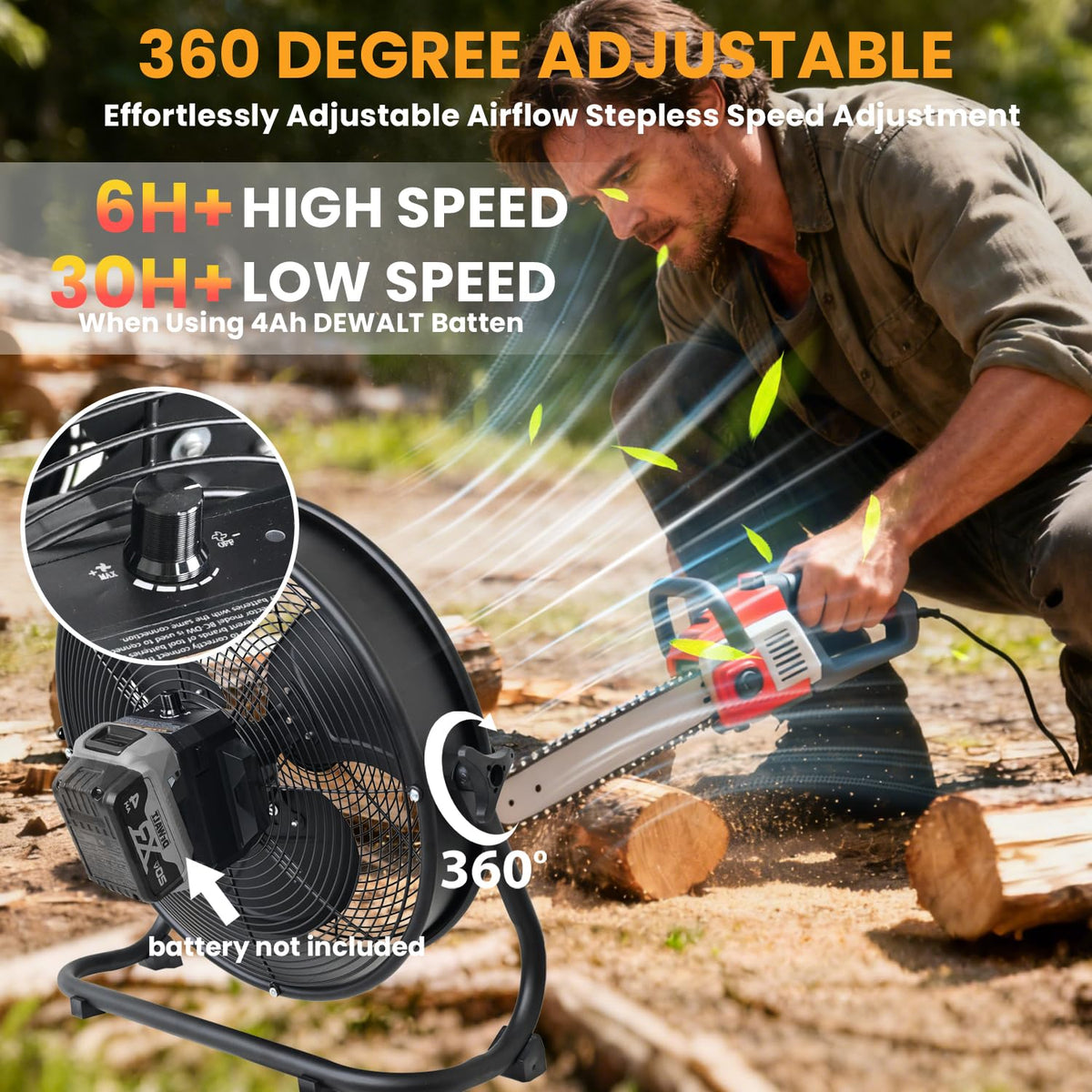 14" Battery Operated Floor Fan with AC Adapter, 1500 CFM Variable Speed Metal Fan H602715