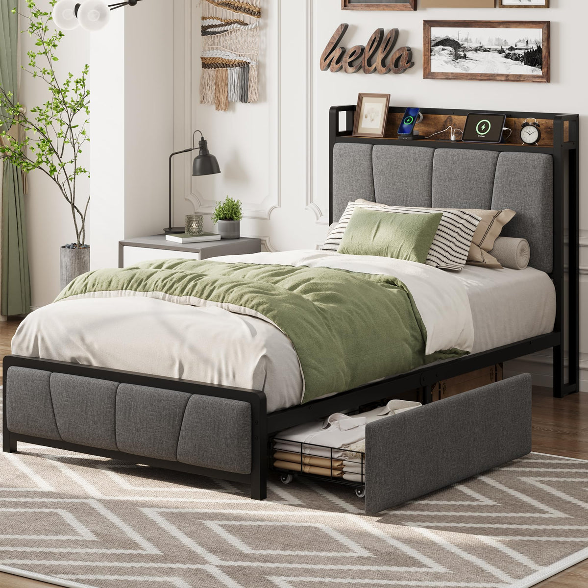 Grey Twin Size Linen Upholstered Platform Bed Frame with 2 Storage Drawers P343