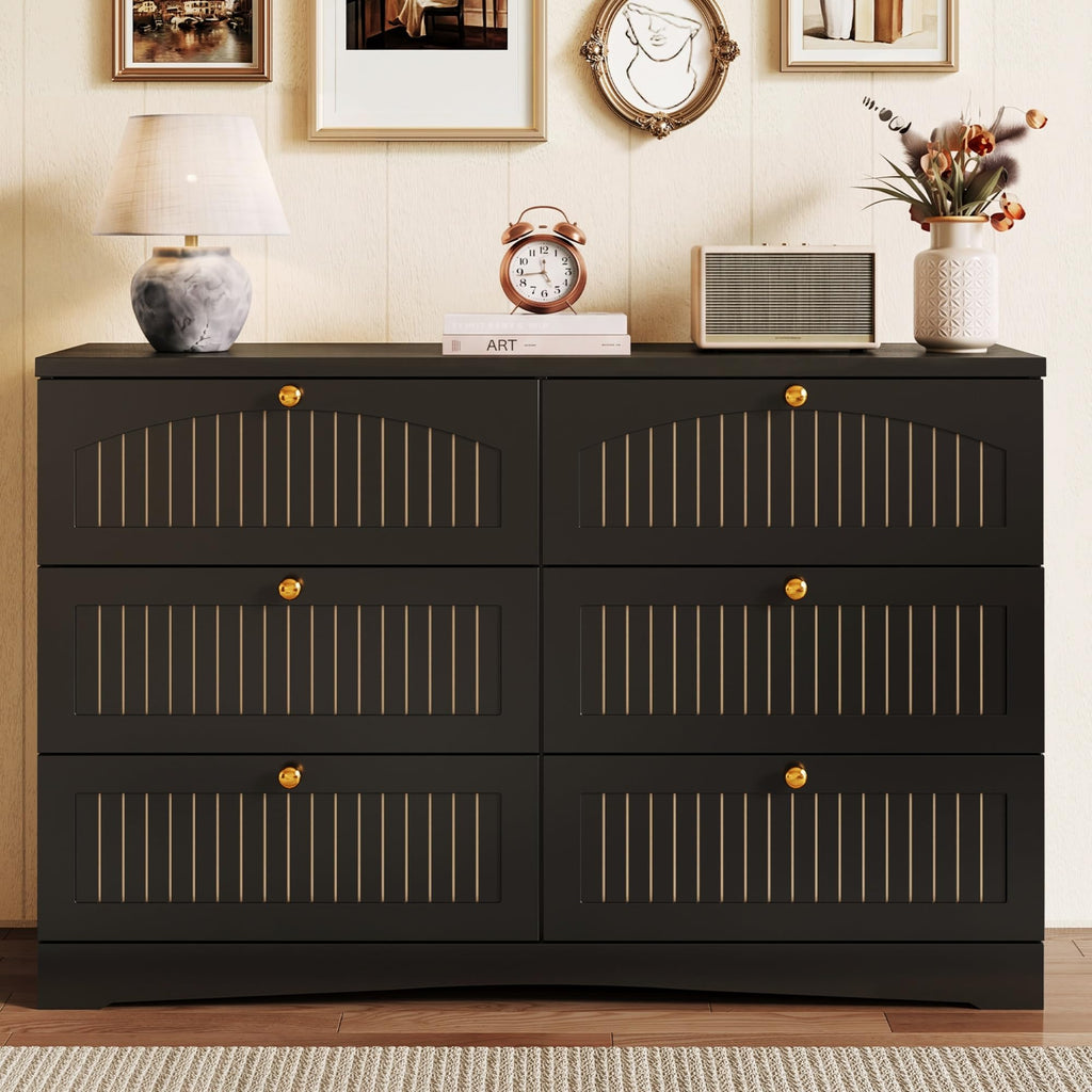 Black 6 Drawer Fluted Wood Dresser B167