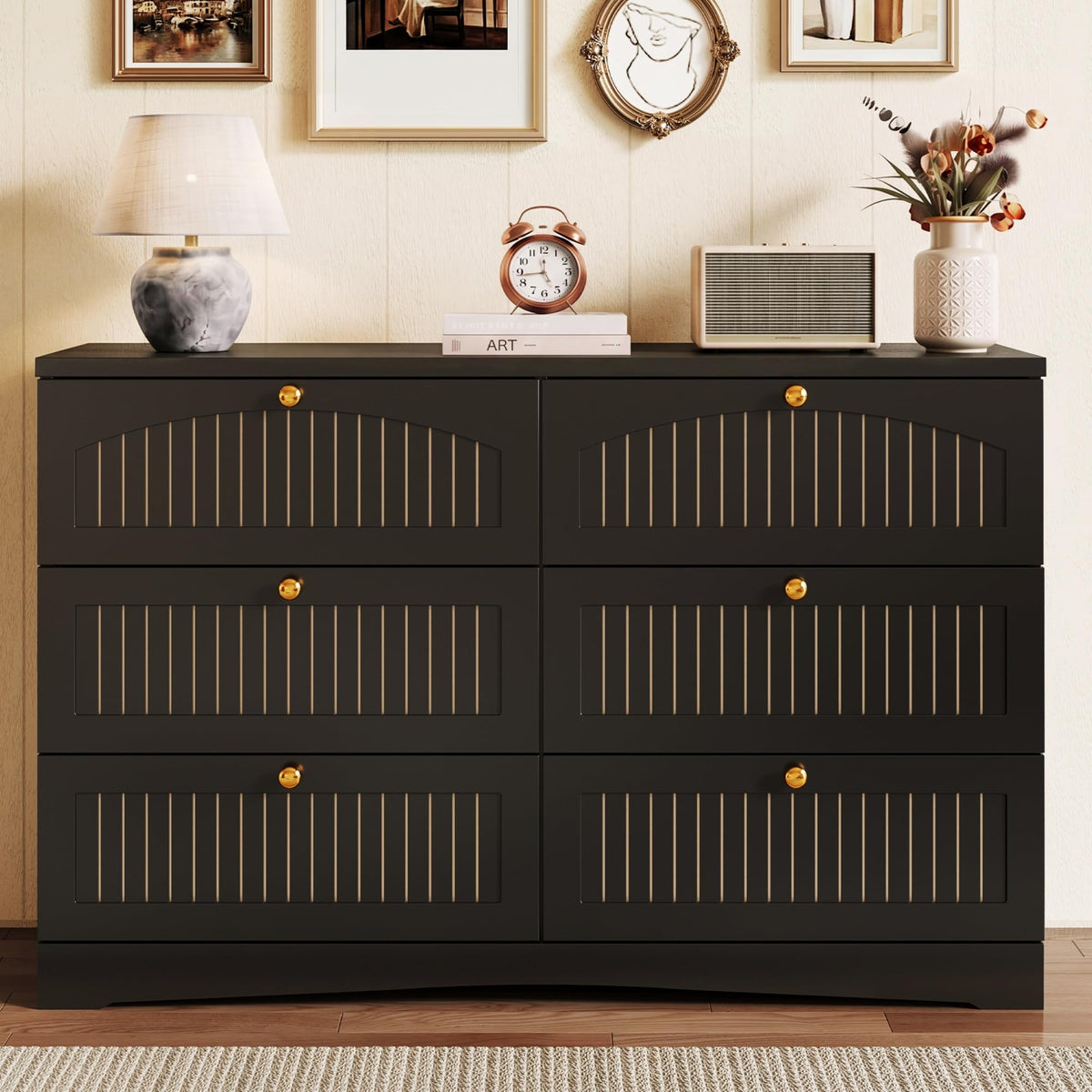 Black 6 Drawer Fluted Wood Dresser B167