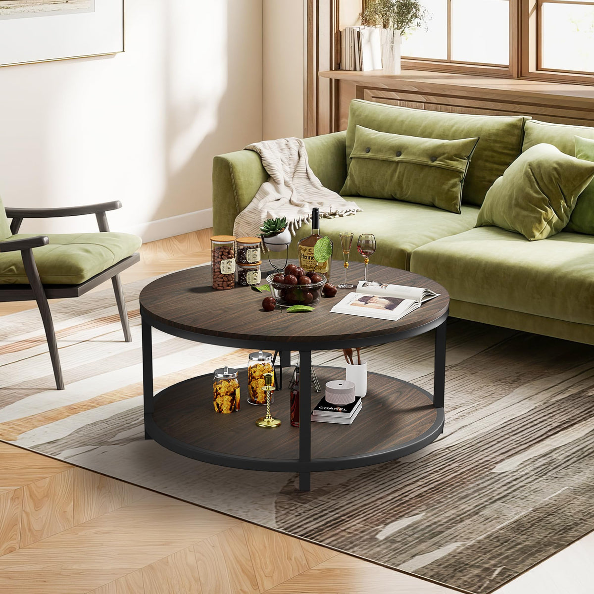 36" Round 2-Tier Coffee Table with Storage Shelf, Black Walnut N66826