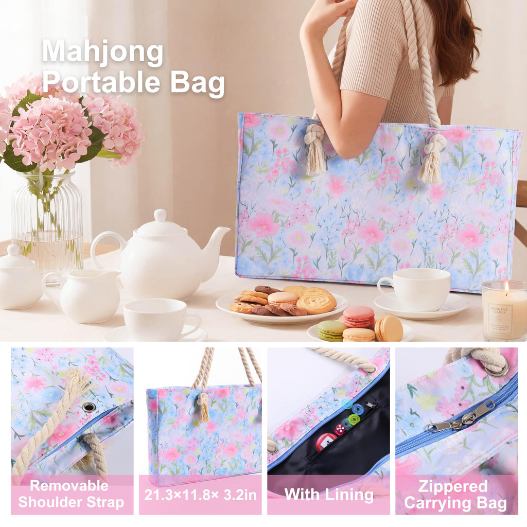American Mahjong Set with Light Blue Carrying Bag, 166 Pink Engraved Melamine Tiles, 4 Transparent Racks with Pushers G7713