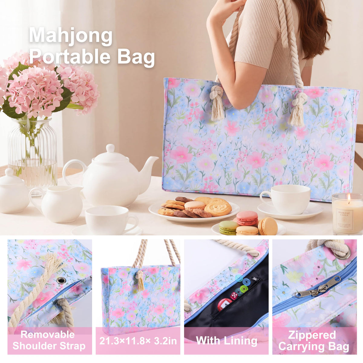 American Mahjong Set with Light Blue Carrying Bag, 166 Pink Engraved Melamine Tiles, 4 Transparent Racks with Pushers G7713