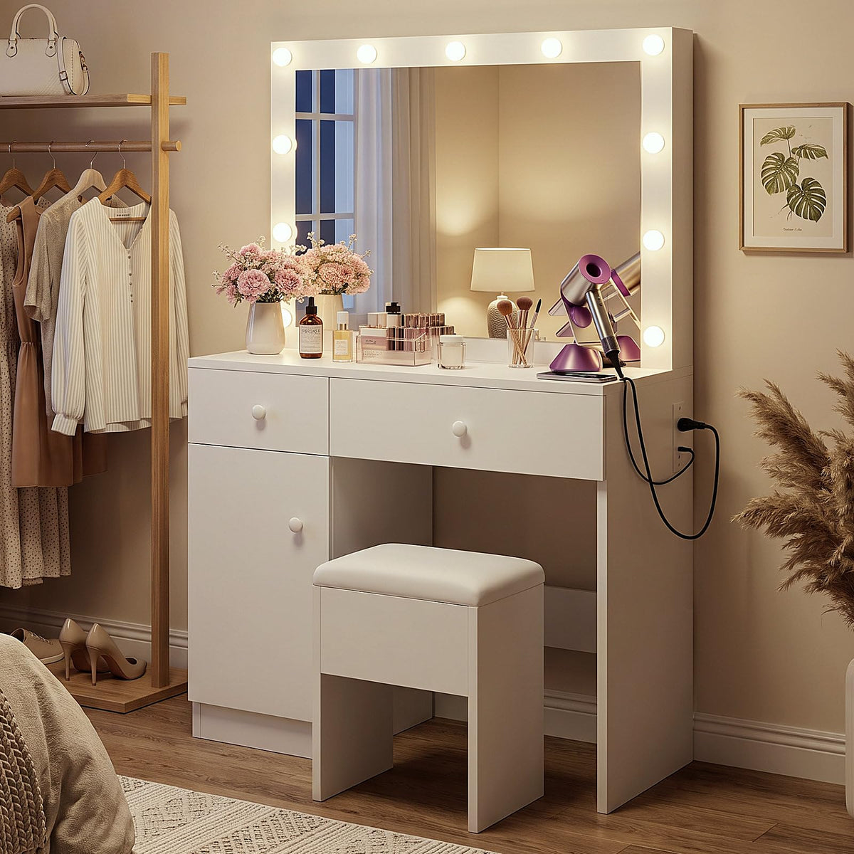 White Makeup Vanity Desk with Lighted Mirror and Chair Set K4510