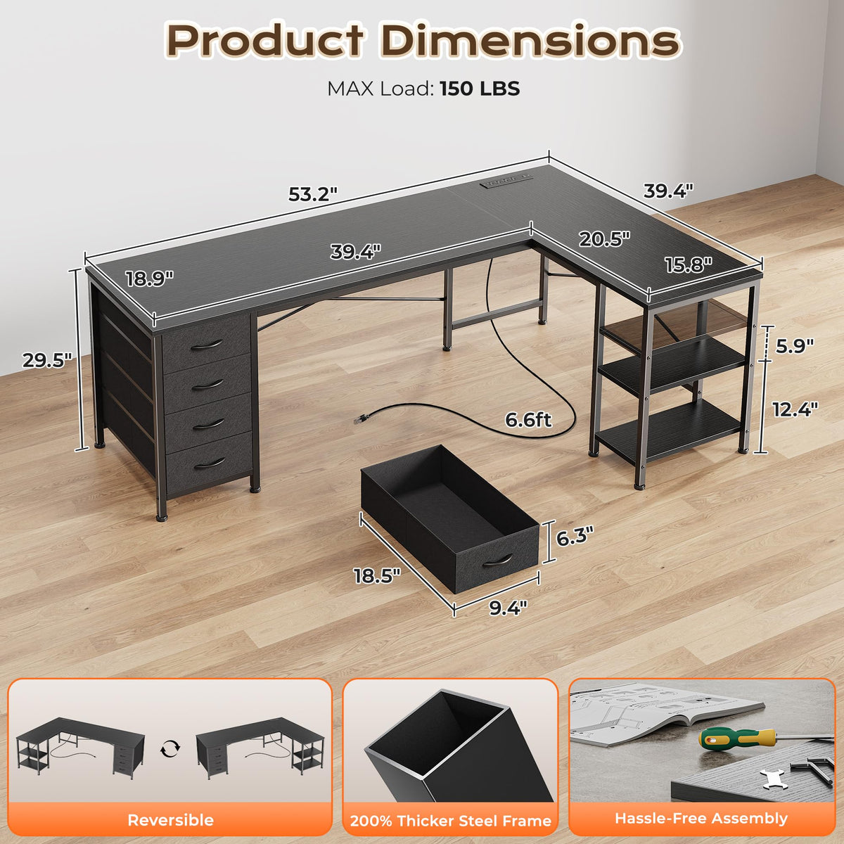 55 Inch L Shaped Desk with Fabric Drawers and Power Outlets C34521