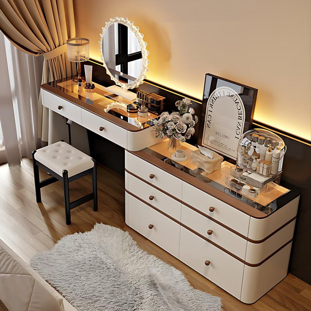 Leather Makeup Vanity with Tempered Glass Top & LED Light D1007