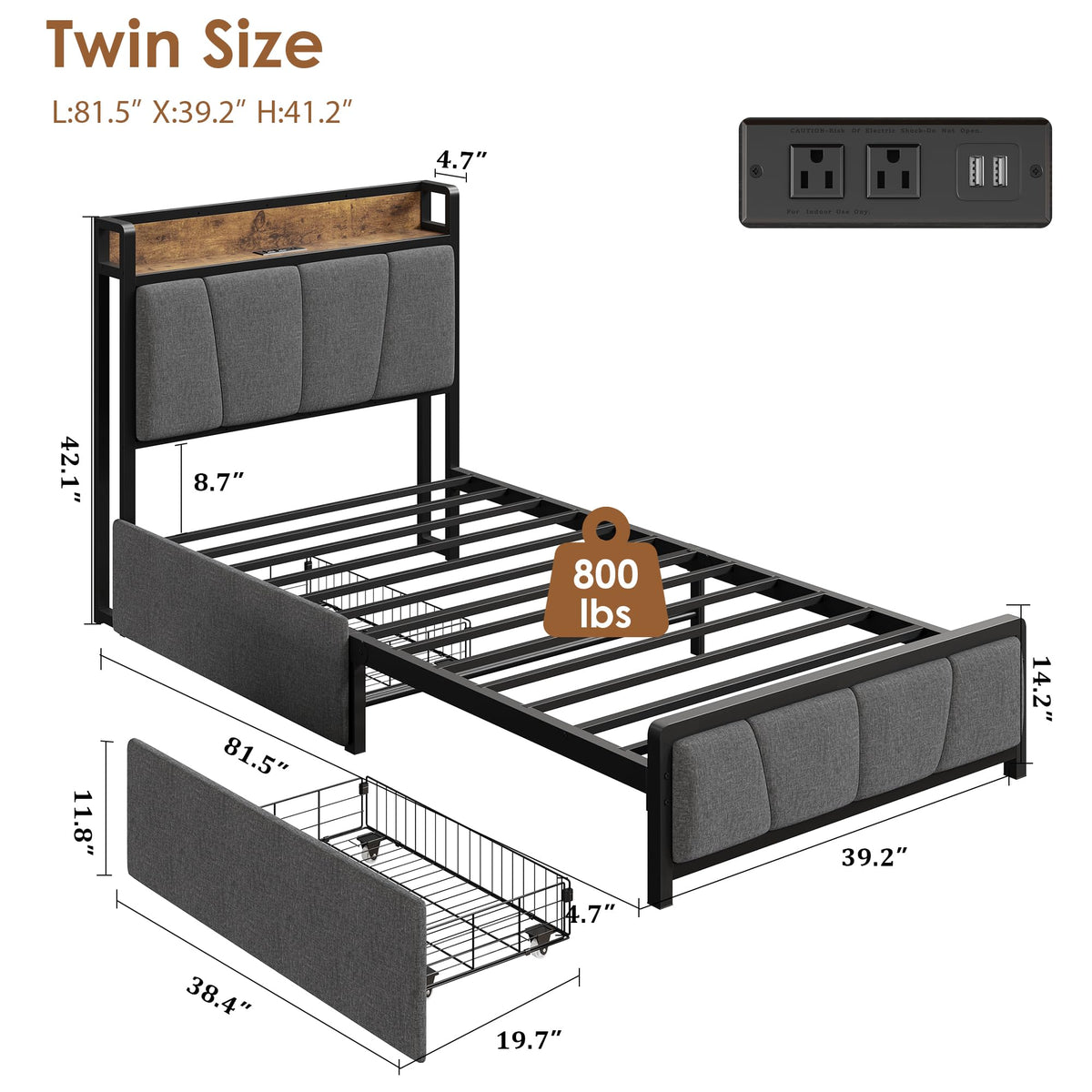Grey Twin Size Linen Upholstered Platform Bed Frame with 2 Storage Drawers P343