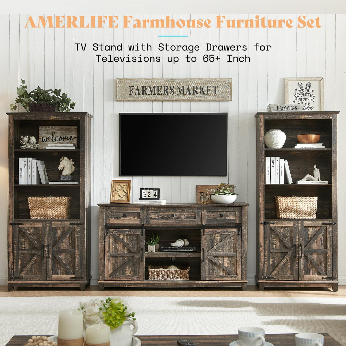59" Dark Rustic Oak TV Stand with Storage Drawers R202