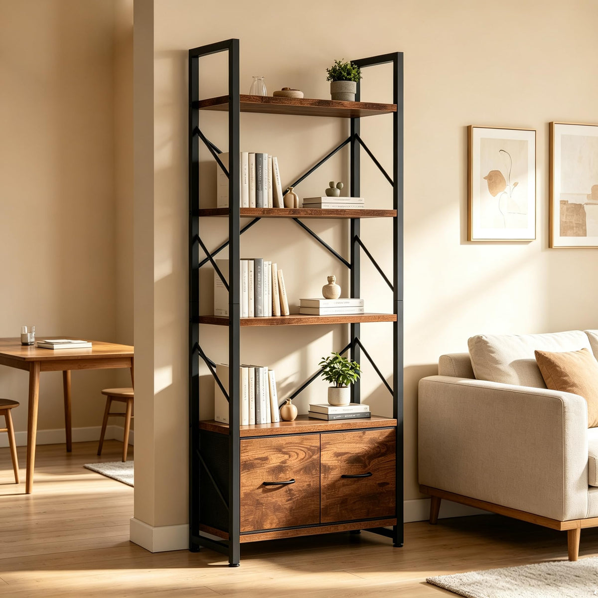 5 Tier Wood Bookshelf with Drawer O777730
