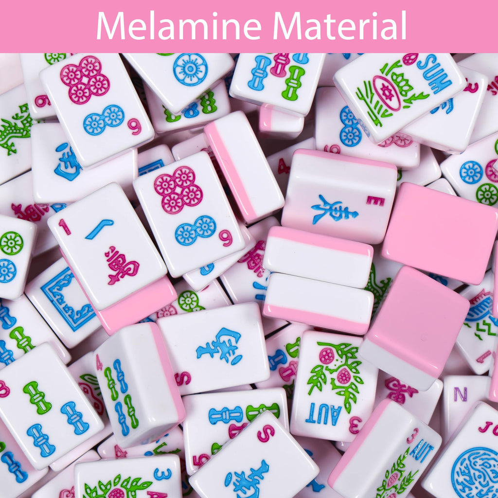 American Mahjong Set with Light Blue Carrying Bag, 166 Pink Engraved Melamine Tiles, 4 Transparent Racks with Pushers G7713