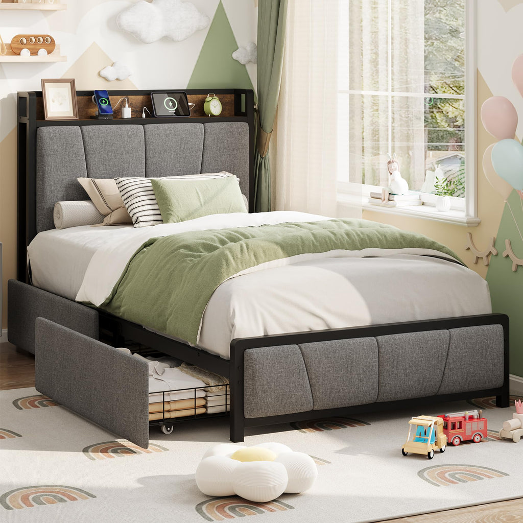 Grey Twin Size Linen Upholstered Platform Bed Frame with 2 Storage Drawers P343