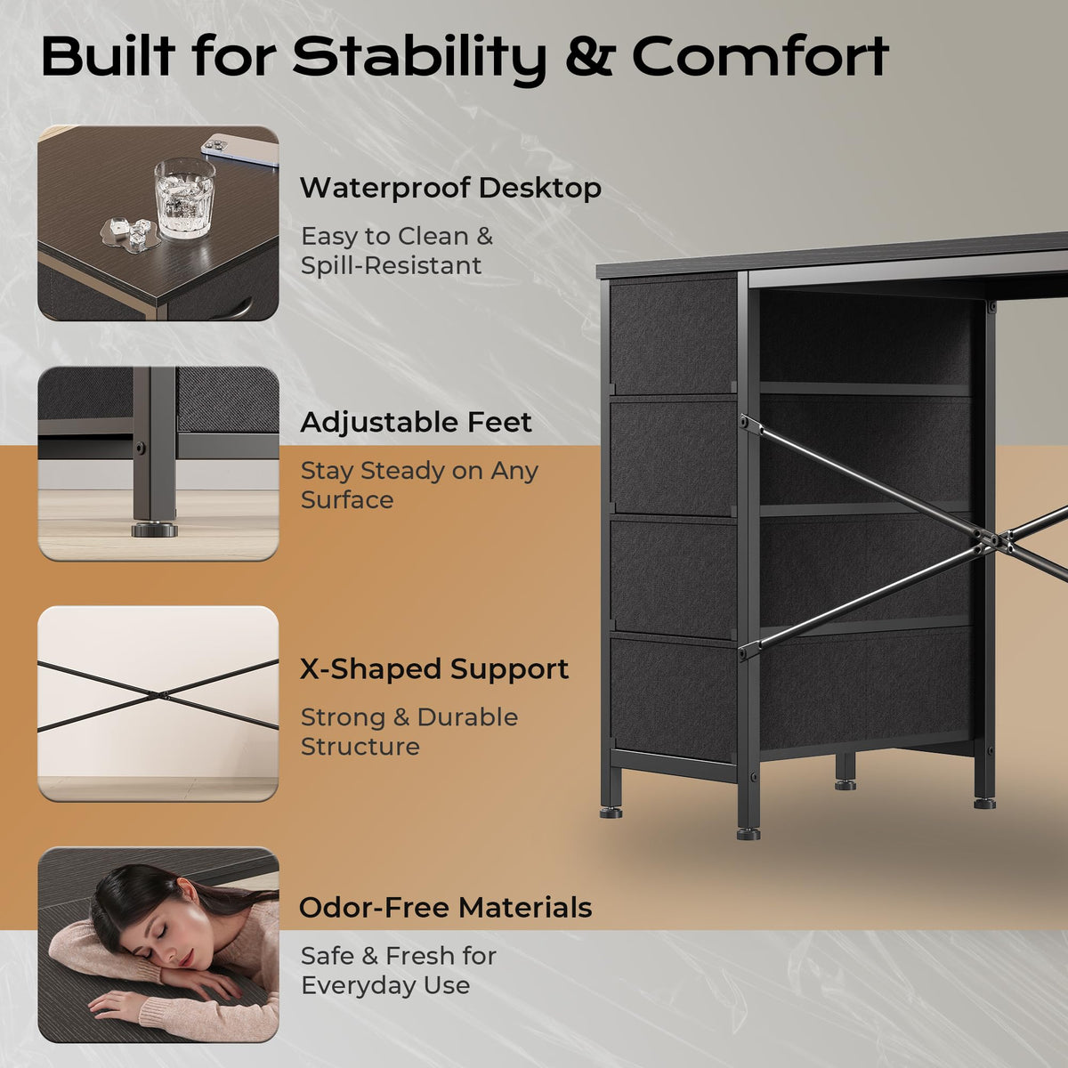 55 Inch L Shaped Desk with Fabric Drawers and Power Outlets C34521