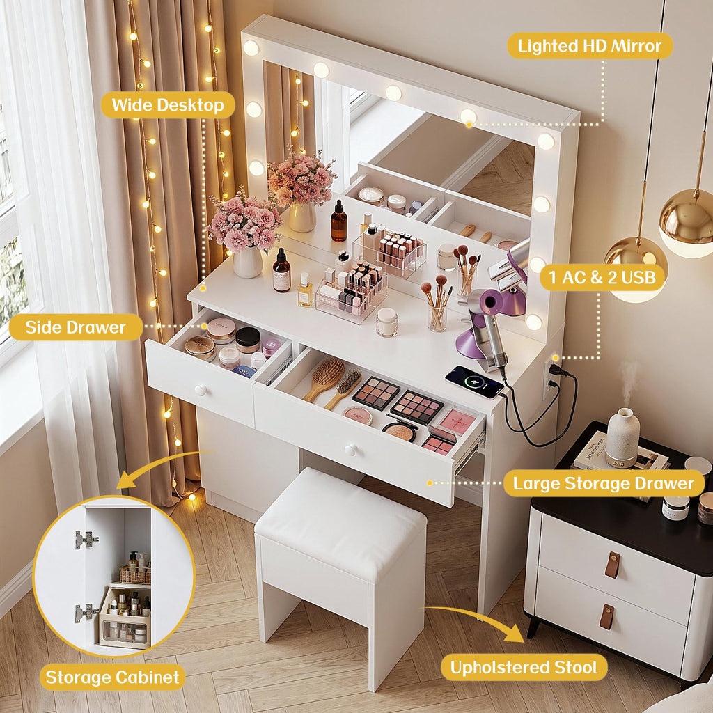 White Makeup Vanity Desk with Lighted Mirror and Chair Set K4510