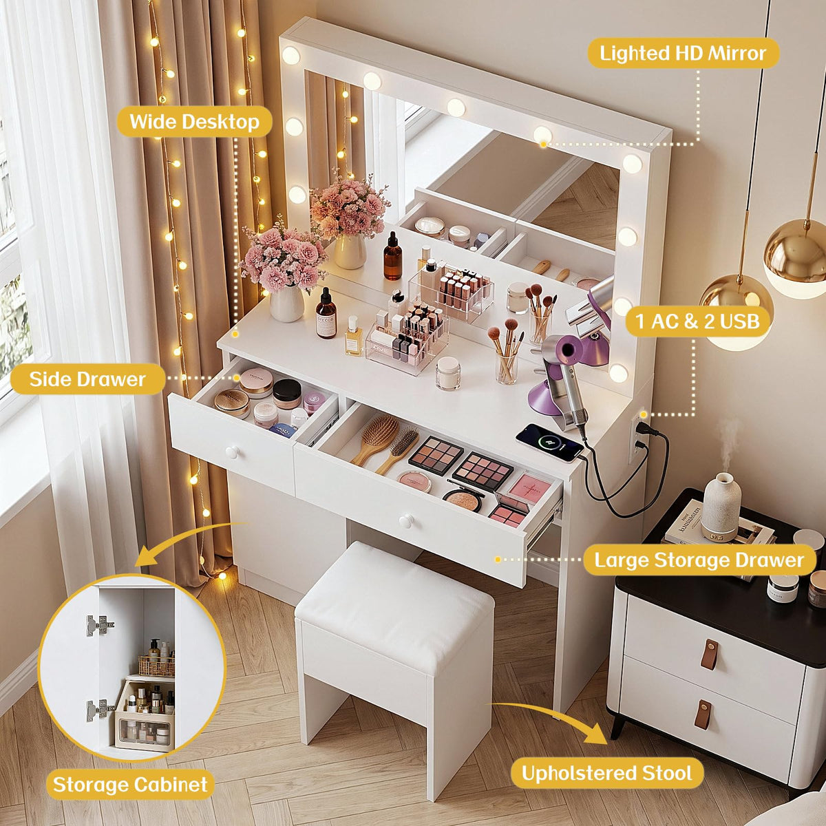 White Makeup Vanity Desk with Lighted Mirror and Chair Set K4510