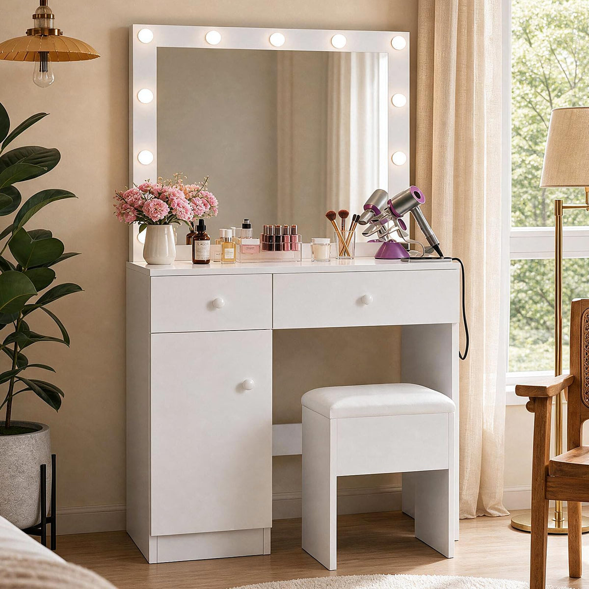 White Makeup Vanity Desk with Lighted Mirror and Chair Set K4510