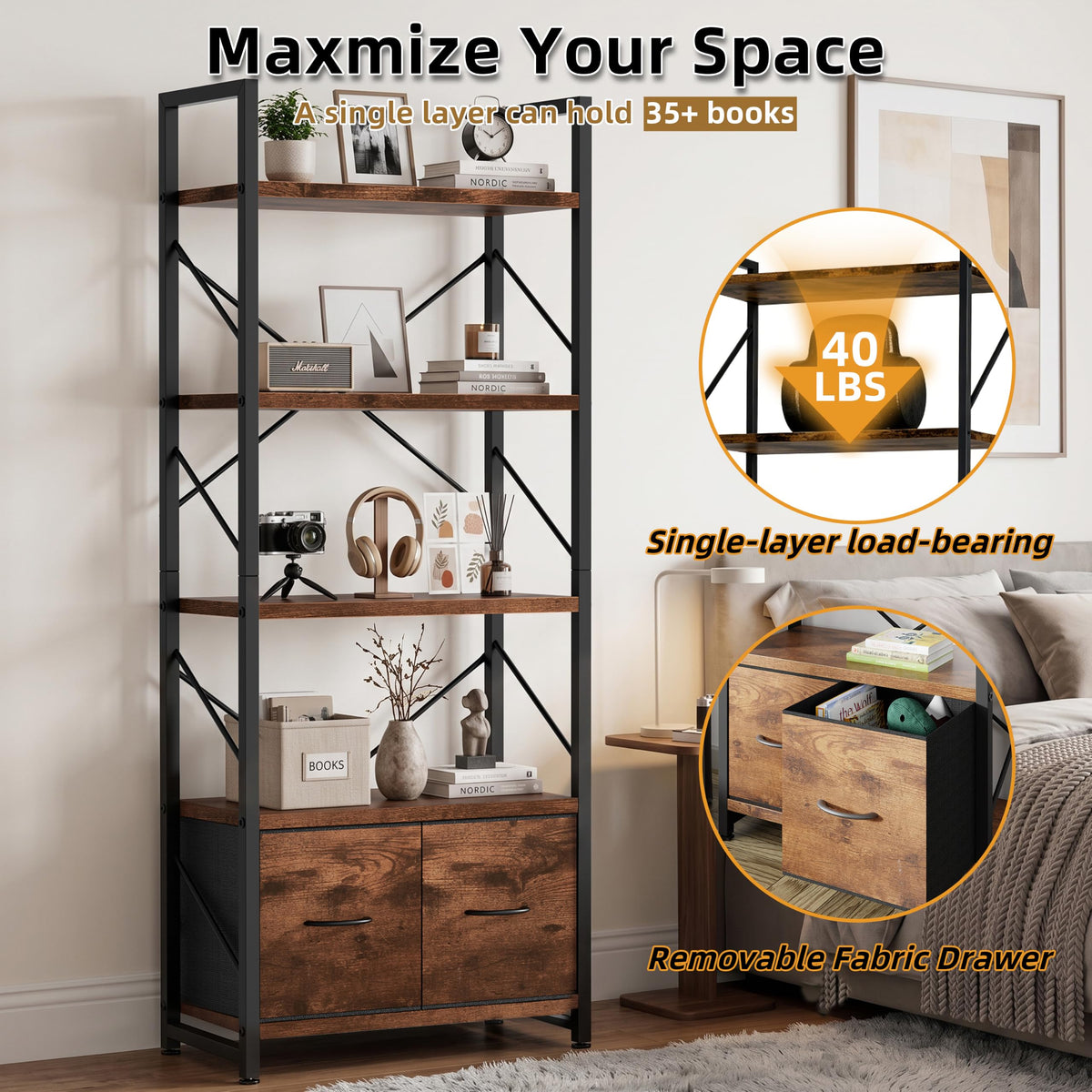 5 Tier Wood Bookshelf with Drawer O777730