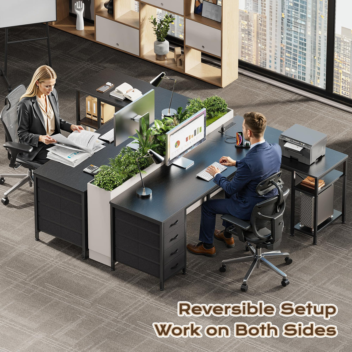 55 Inch L Shaped Desk with Fabric Drawers and Power Outlets C34521