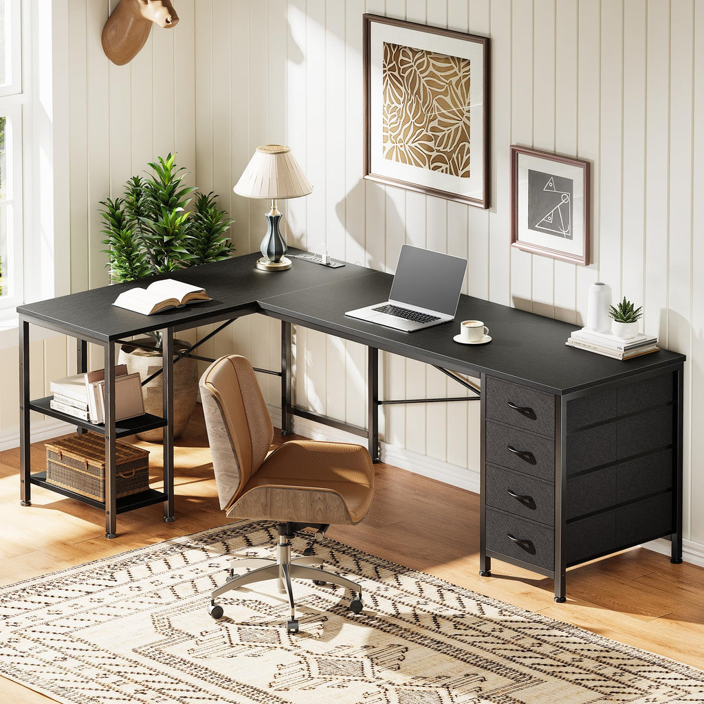 55 Inch L Shaped Desk with Fabric Drawers and Power Outlets C34521