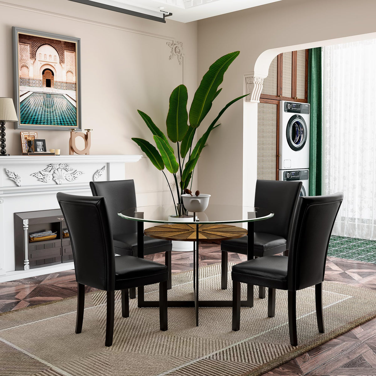 45 inch Round Glass Dining Table Set for 4 with Chairs W73115