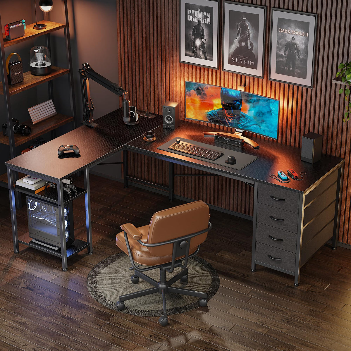 55 Inch L Shaped Desk with Fabric Drawers and Power Outlets C34521