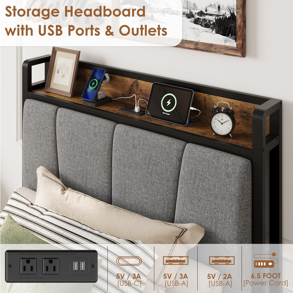 Grey Twin Size Linen Upholstered Platform Bed Frame with 2 Storage Drawers P343