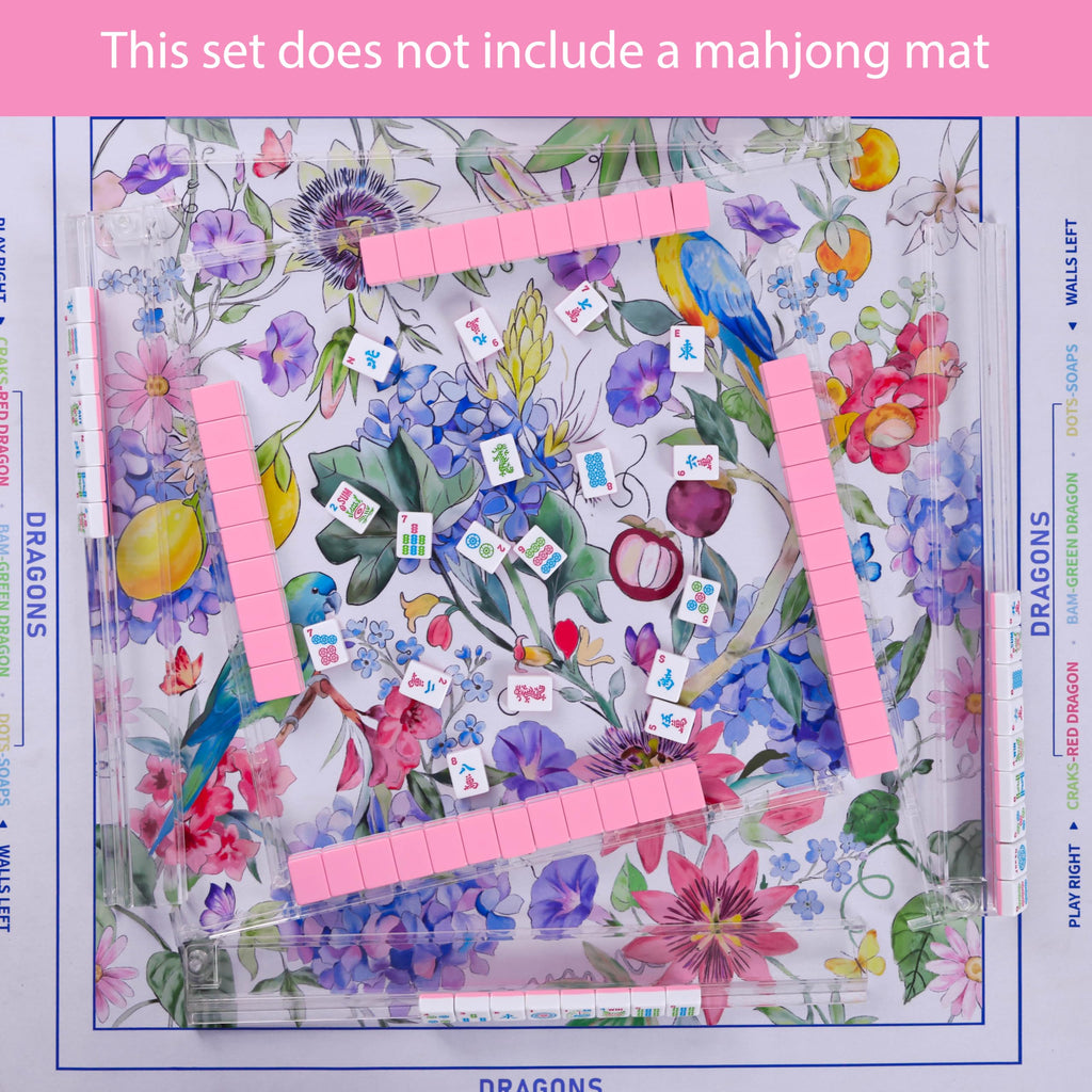 American Mahjong Set with Light Blue Carrying Bag, 166 Pink Engraved Melamine Tiles, 4 Transparent Racks with Pushers G7713