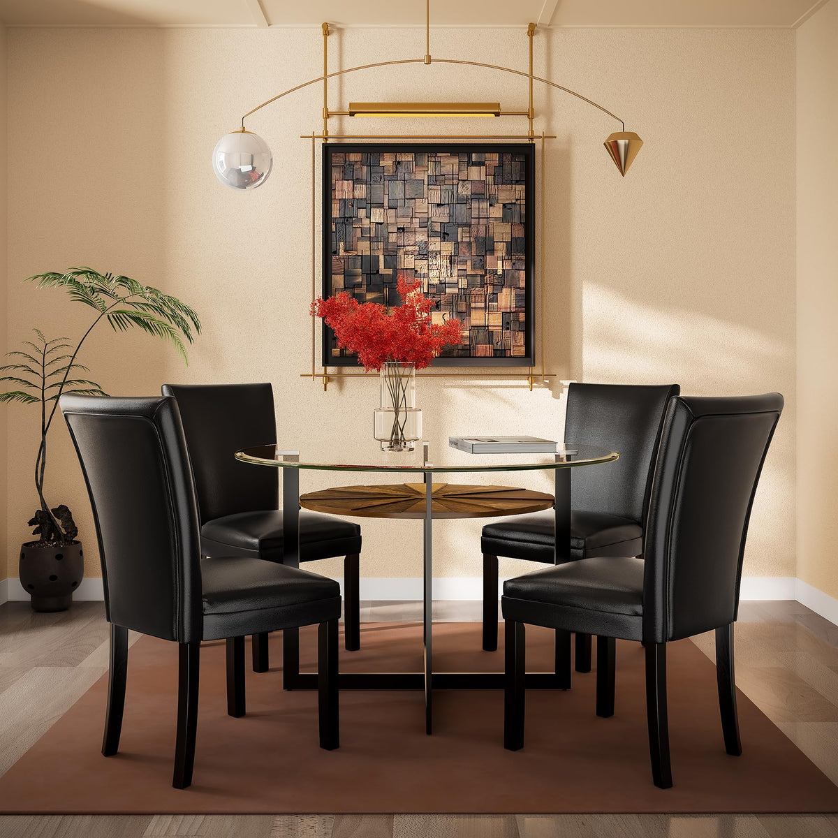 45 inch Round Glass Dining Table Set for 4 with Chairs W73115