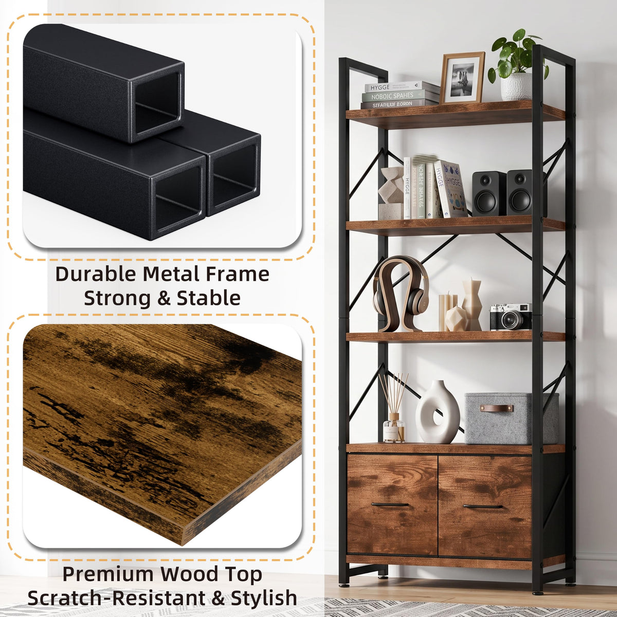 5 Tier Wood Bookshelf with Drawer O777730