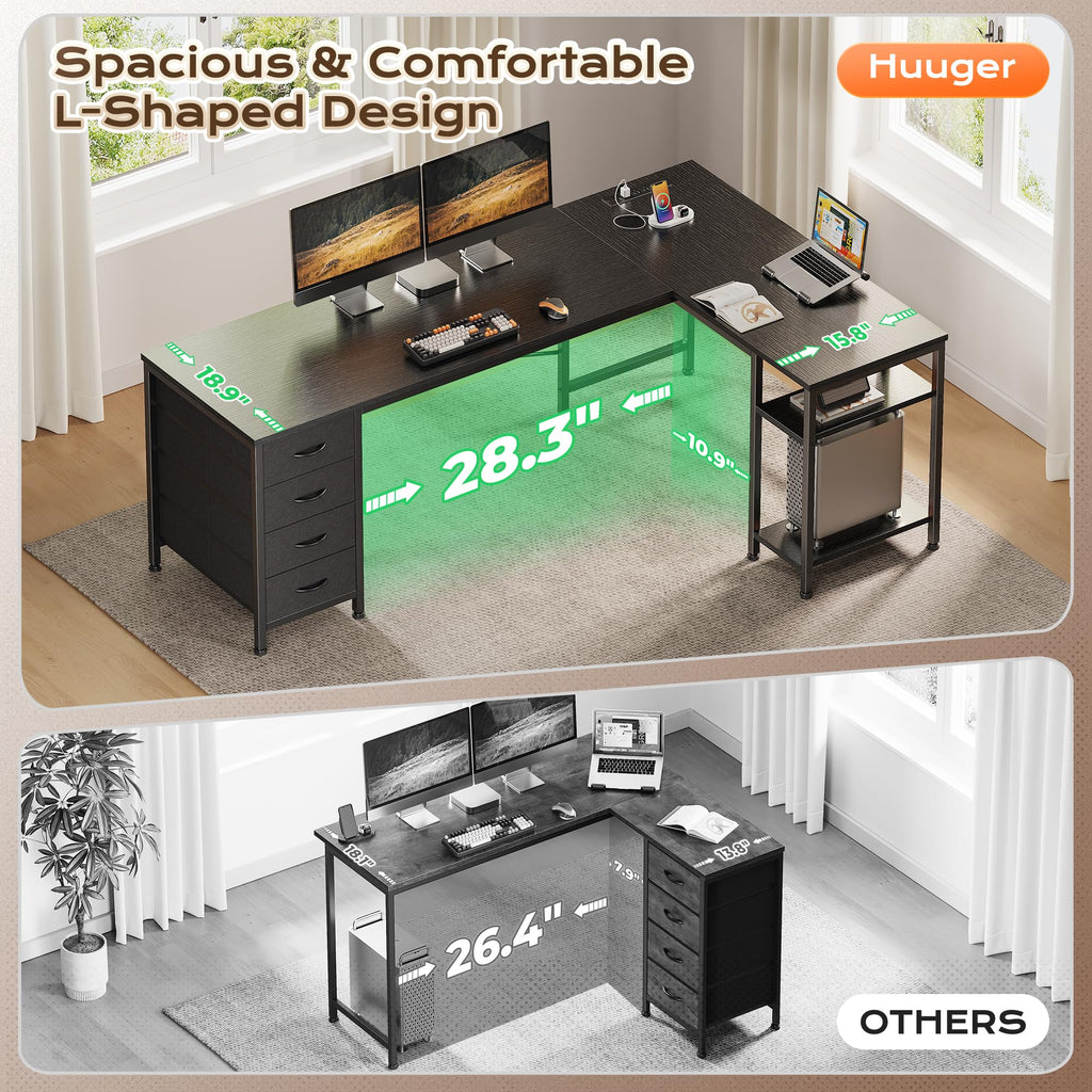 55 Inch L Shaped Desk with Fabric Drawers and Power Outlets C34521