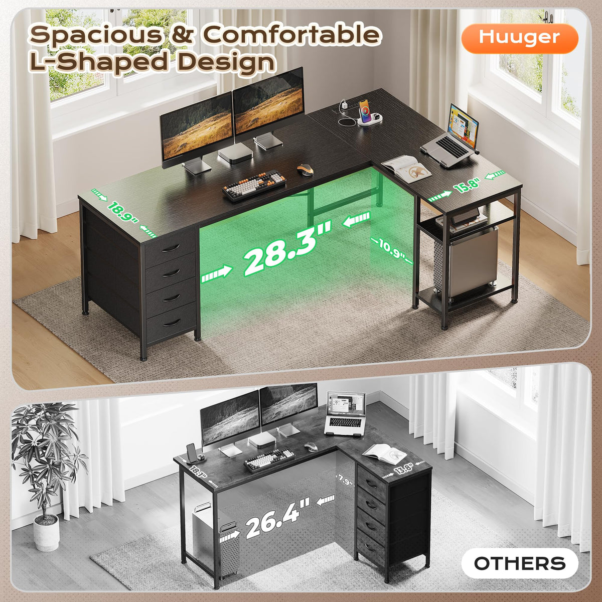55 Inch L Shaped Desk with Fabric Drawers and Power Outlets C34521